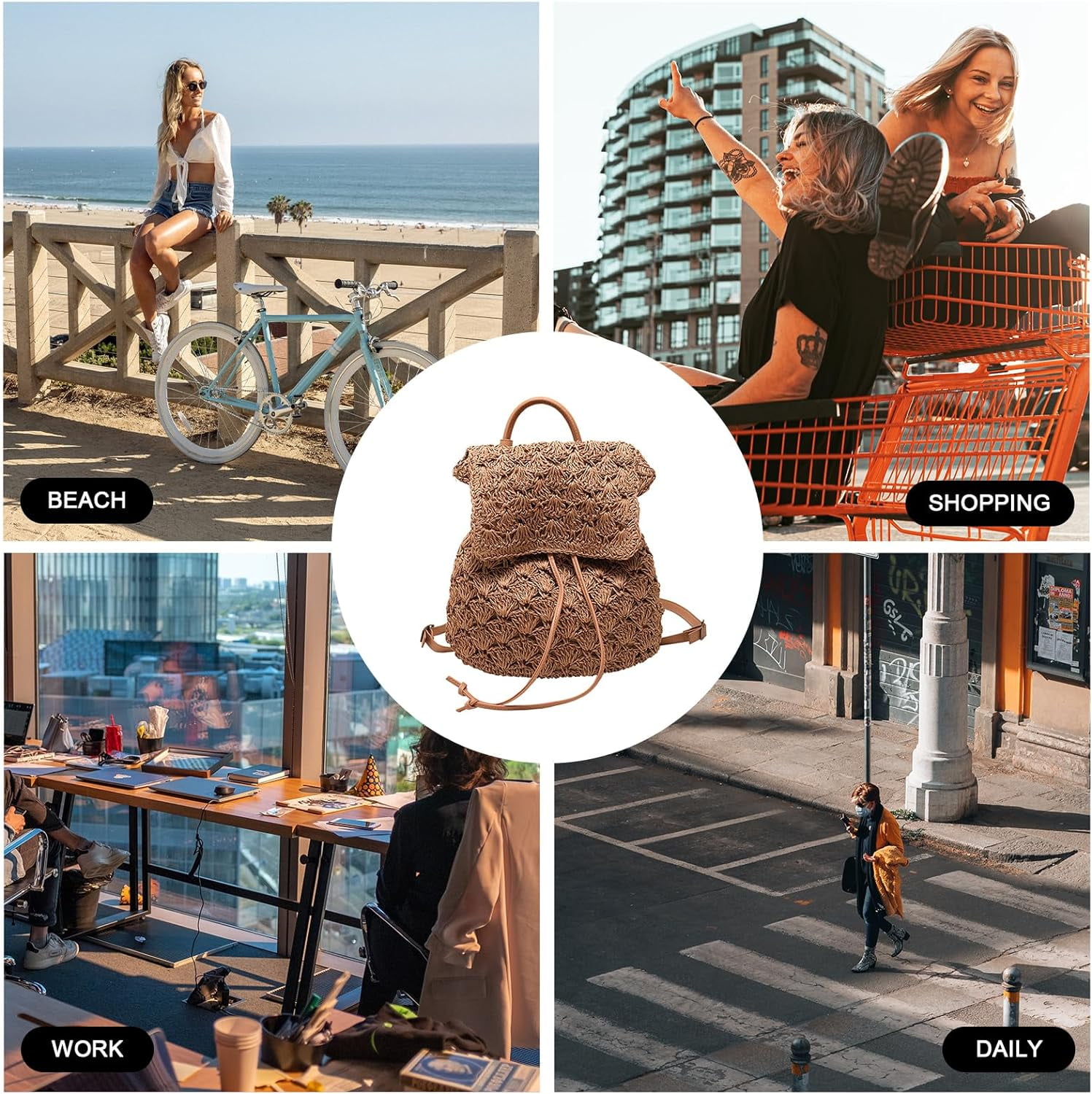Summer Handmade Woven Crochet Straw Backpack Flap Drawstring Summer Handmade Woven Crochet Straw Backpack Flap Drawstring