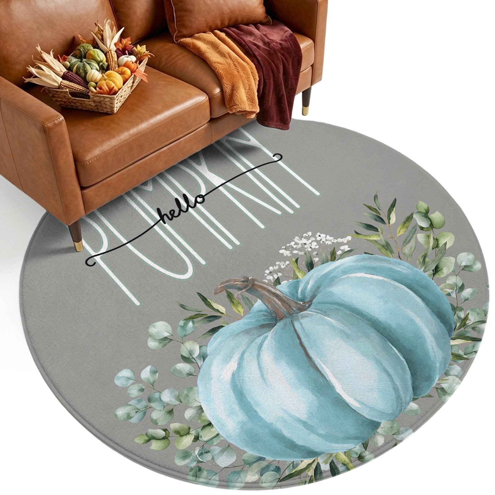 4ft Soft Round Area Rugs Thanksgiving Farmhouse Pumpkin Indoor Carpet for Living Room Bedroom Nursery Washable Circle Floor Mats Eucalyptus Leaf on Gray Decor