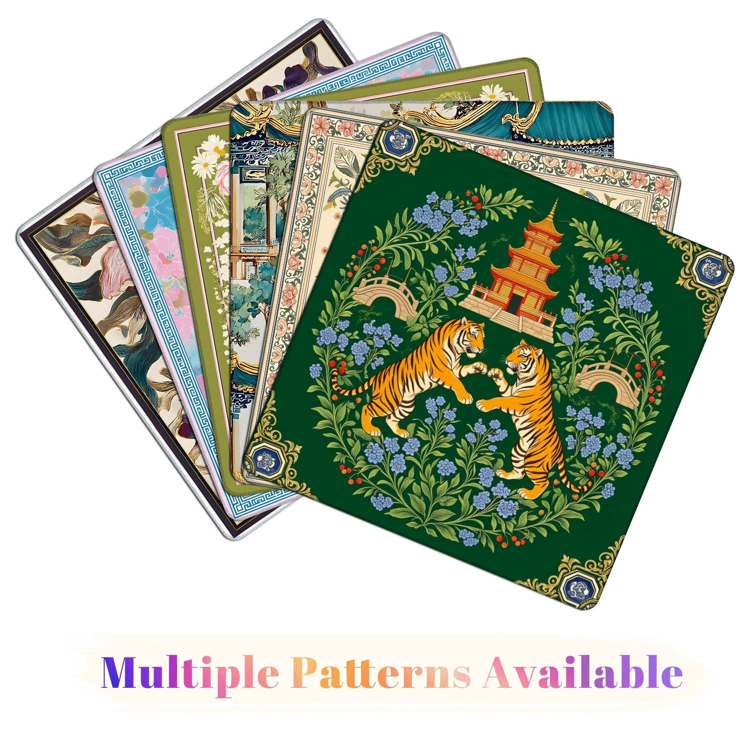 Mahjong Mat 31.5" x 31.5" Twin Tigers Chinese Pagoda Floral Details Green Non-Slip Noise Reduction American Mahjong Tiles Table Cover for Dominoes Poker Card Board Games Gift
