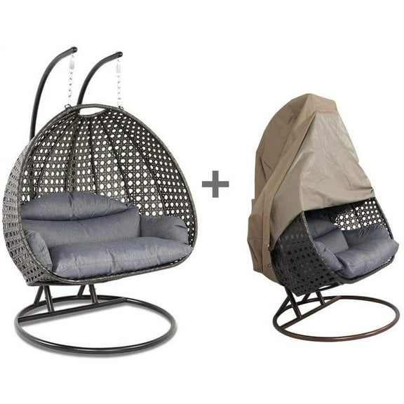 Island Gale Luxury Egg Shape, Hanging, 2 persons Outdoor, Patio, Hanging Wicker Swing Chair (X-Large-Plus, Charcoal/Charcoal W/ Free Cover $128 Value)