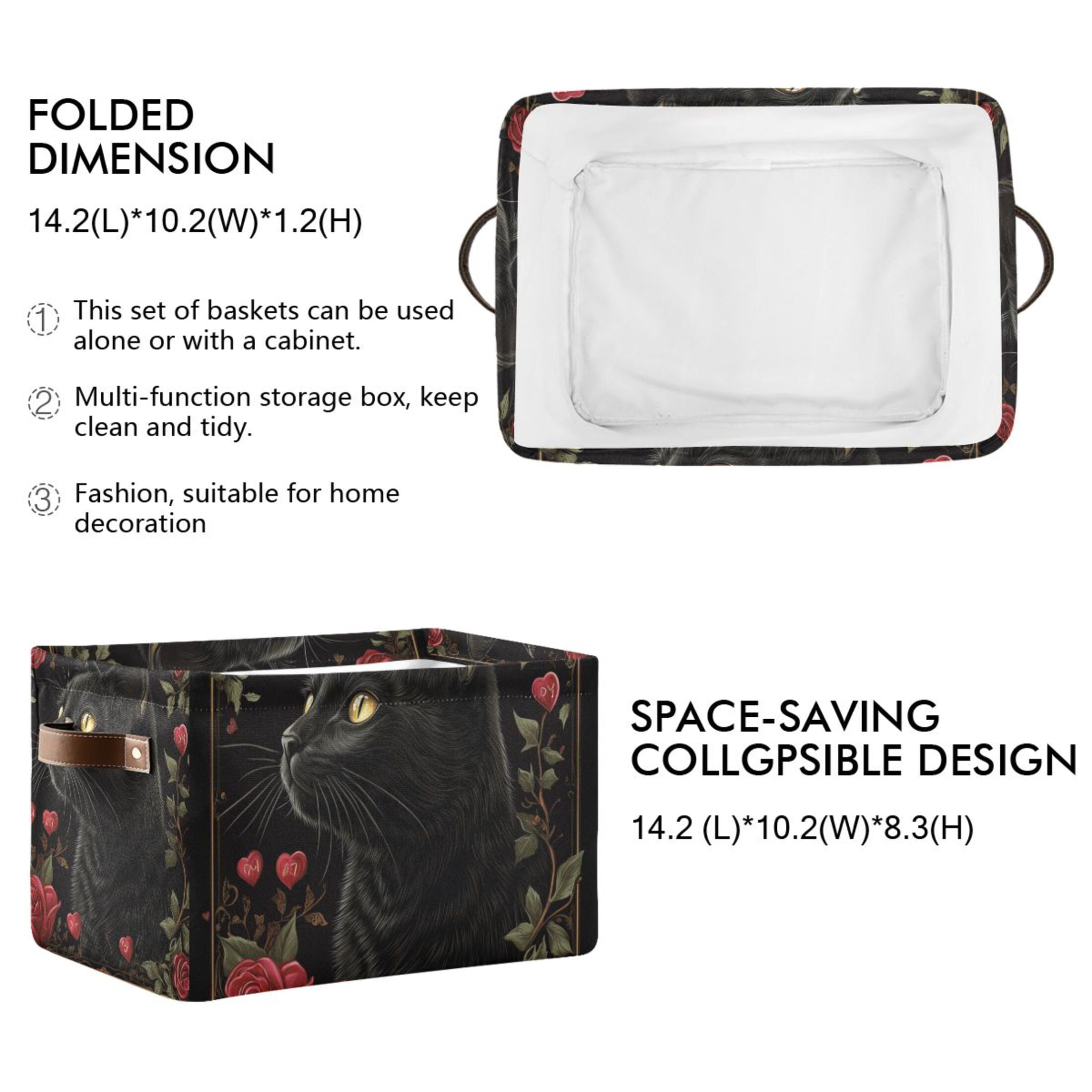 WOBOGO Red Rose Black Cat Pattern Square Storage Basket with Waterproof Canvas and PE Lining Durable PU Leather Handles 14.2×10.2×8.3in