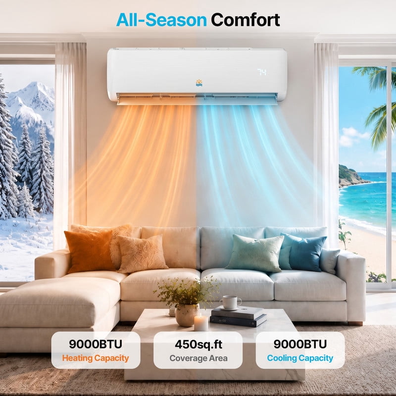 Etust 9000 BTU Mini Split AC Heating System with Heat Pump, 19 SEER2 115V Ductless Air Conditioner for Home Office, Quiet Inverter Split Unit AC and Heat