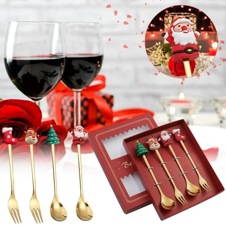 

absuyy Steel Tableware Deals- 4PCS Stainless Steel Christmas Spoon Gift Set Dessert Spoon fork Coffee Spoon Christmas Pendant Spoon Tableware Set