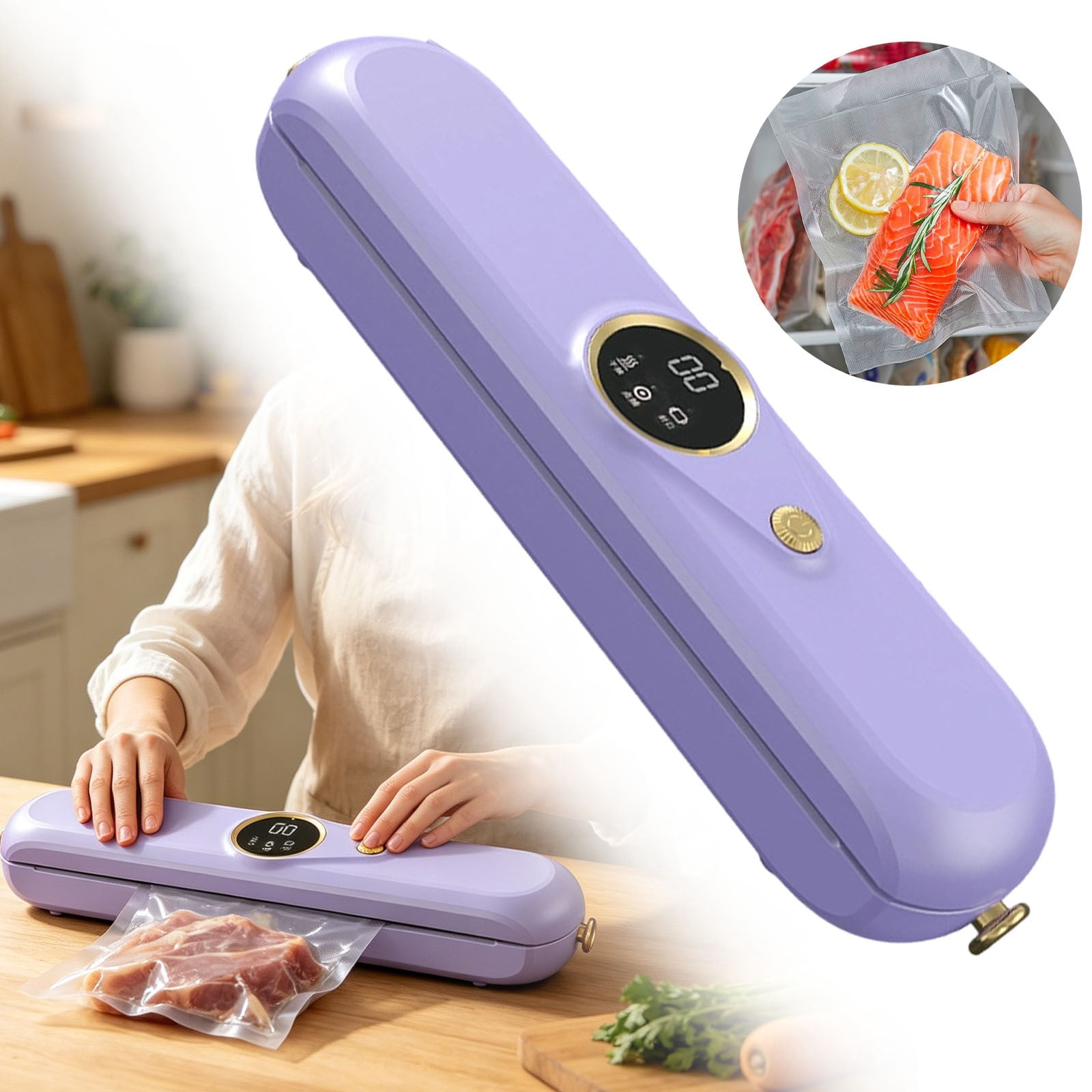 Automatic Food Vacuum Sealer Machines With 10 Free Bags, Food Sealers Vacuum Sealing Systems Dry Wet Food Sealers for Food Preservation Meal Prep,60kPa Strong Suction One-Touch Operation,Purple