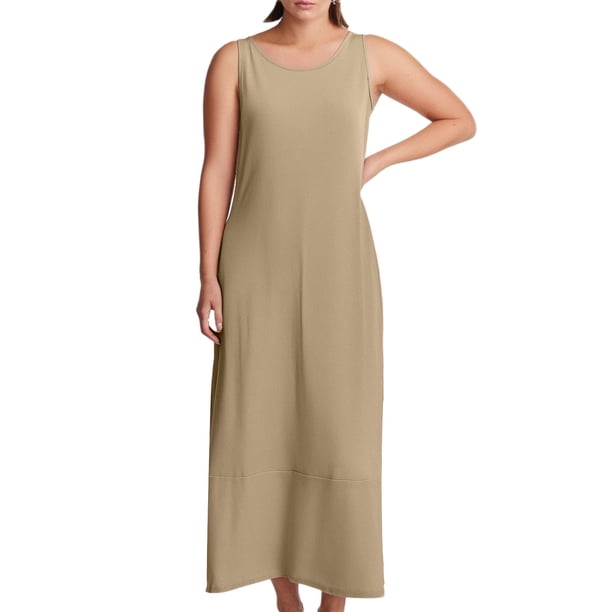 Vestido informal de verano para mujer: cuello en U, sin mangas, largo, holgado y fluido, bolsillos laterales, color liso, para vacaciones/uso diario (tallas S-XXL)