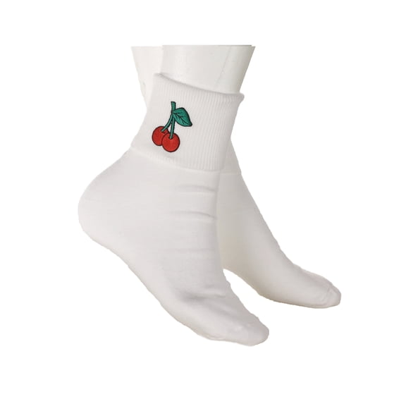 Red Cherry Socks - White Bobby Sox Embroidered Appliques - Sz 9-11- Hey Viv