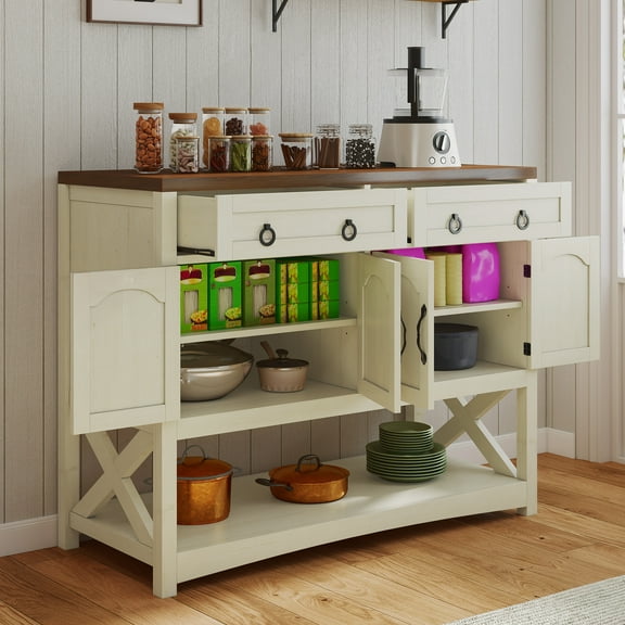 Uforic Buffet Storage Cabinet with Drawers & Doors, 47.2" Kitchen Cabinet with Adjustable Shelves, White