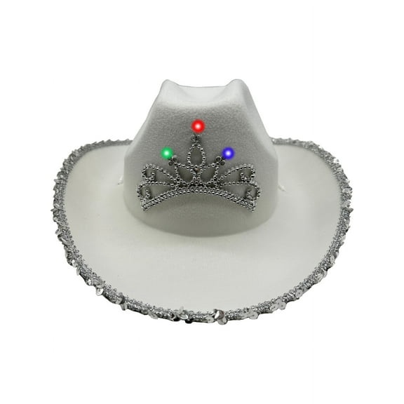 Adult's White Cowboy Hat With Light Up Tiara And Sequin Trim