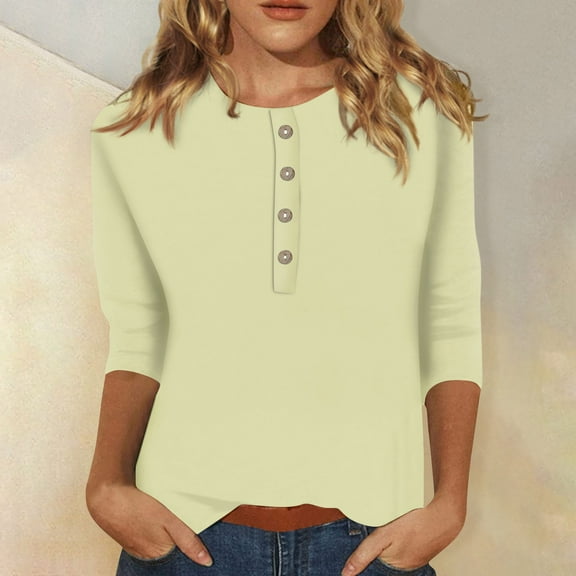 Womens 3/4 Sleeve T-Shirts Crew Neck Buttons Tops Basic Cute Print Tee Solid Color Blouse Loose Fit Pullover Summer Shirts
