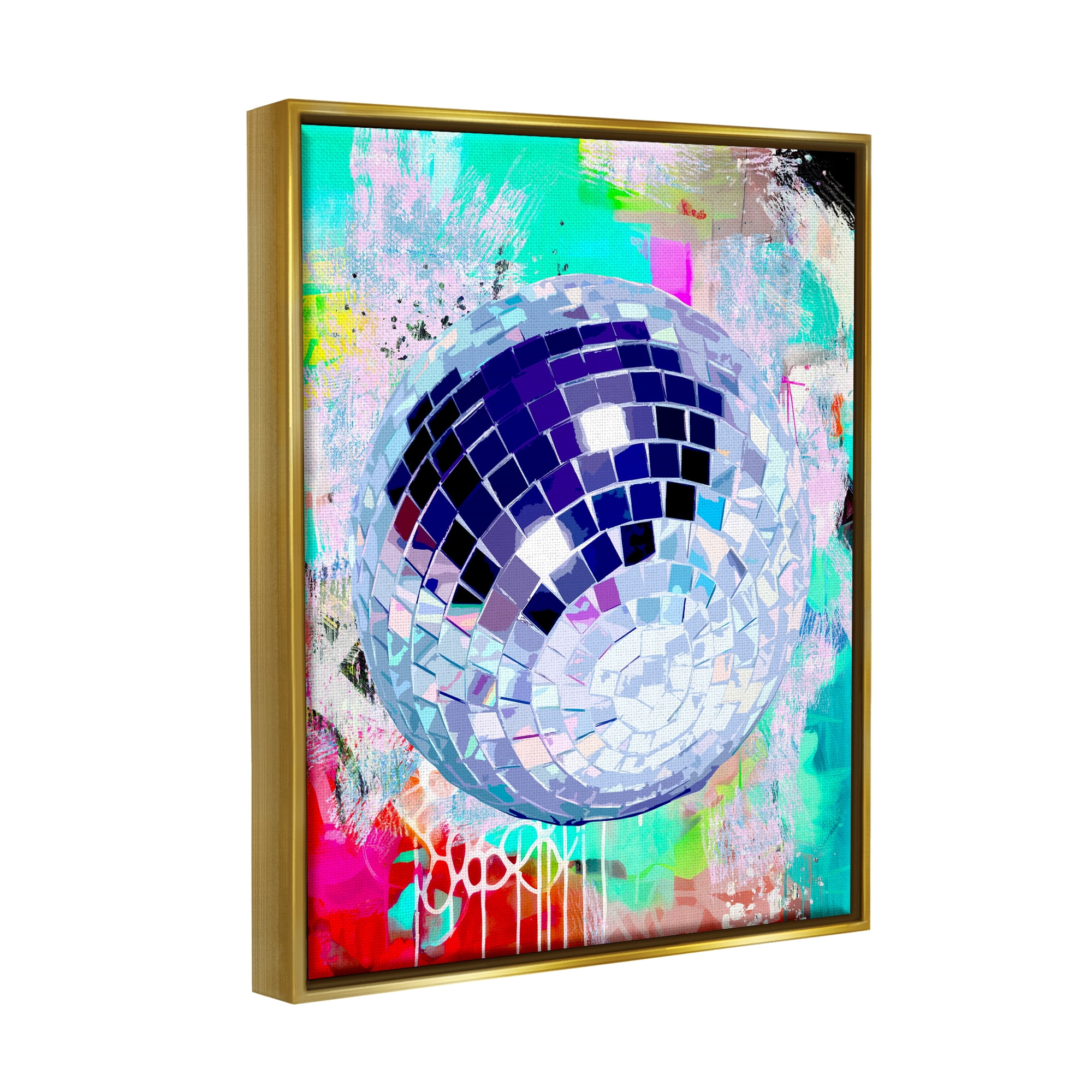 Stupell Industries Disco Ball on Graffiti Abstract Painting Gold Floater Framed Art Print Wall Art, 17 x 21