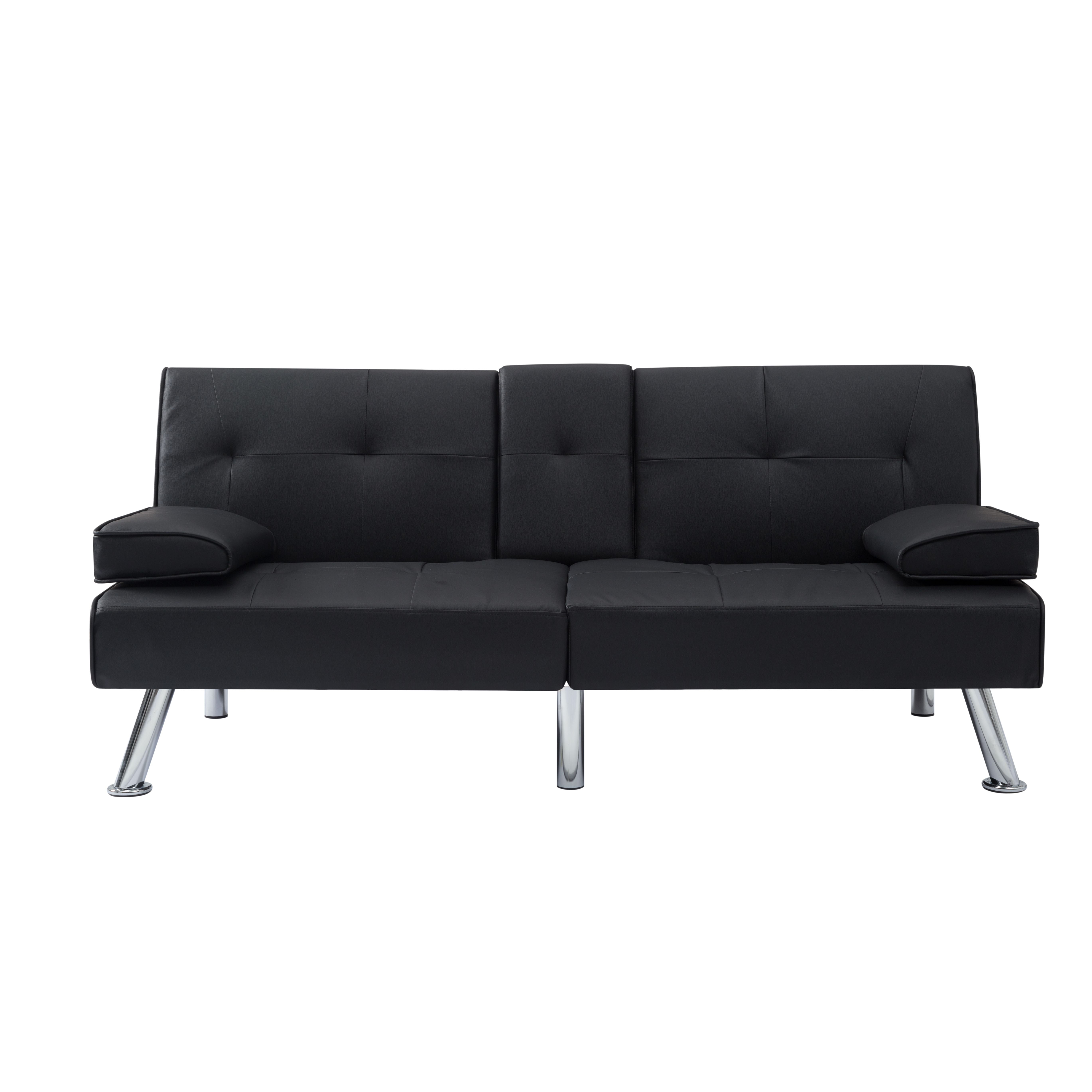 Modern Faux Leather Futon with Cupholders and Pillows, Black