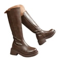 thumbnail image 3 of Women's Platform Knee High Boots, Leather Wide Calf Chunky Heel Square Toe Back Zipper Motorcycle Boots, 3 of 7