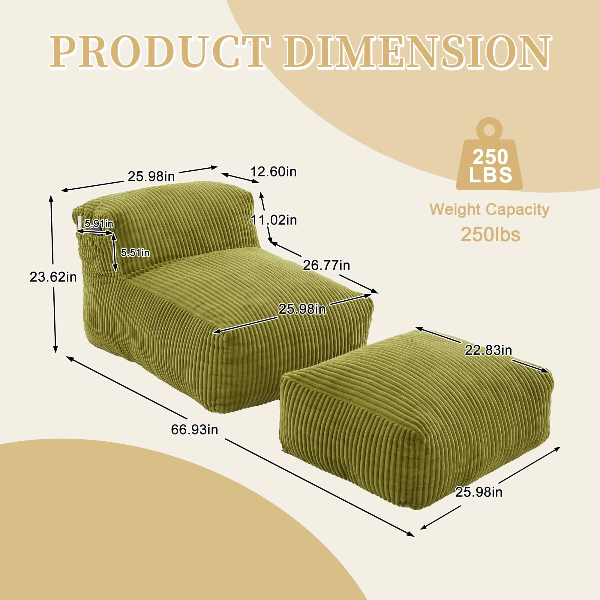 MAYEERTY Bean Bag Chair for Adults, Cozy Corduroy Lounger with High-Density Foam, No Assembly, Olive