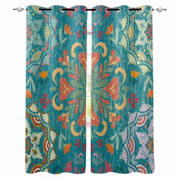 Fsddascl Green Boho Blackout Curtains for Bedroom/Living Room, Thermal Insulated Kitchen Curtains, Shabby Vintage Ethnic Abstract Floral Art Grommet Darkening Window Treatment Drapes 42"x84"x2