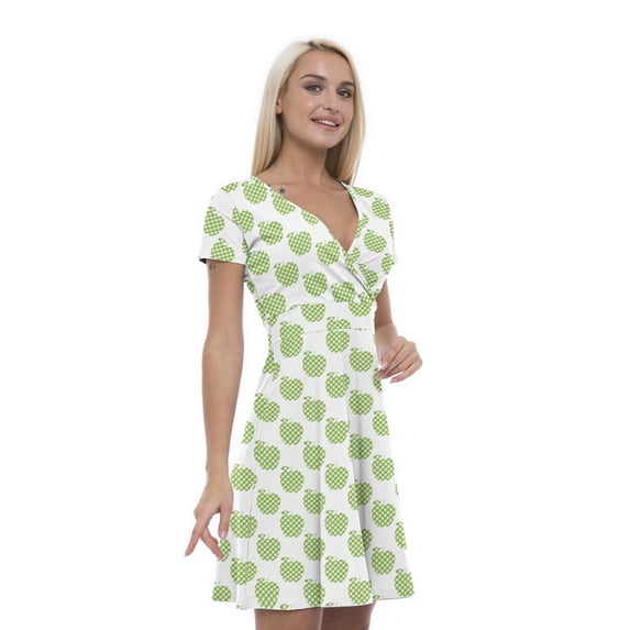 Women’s A Line Green Summer Dress, Retro Triangle Arrangement, Cross Wrap V Neck, 6 Sizes, by Ambesonne