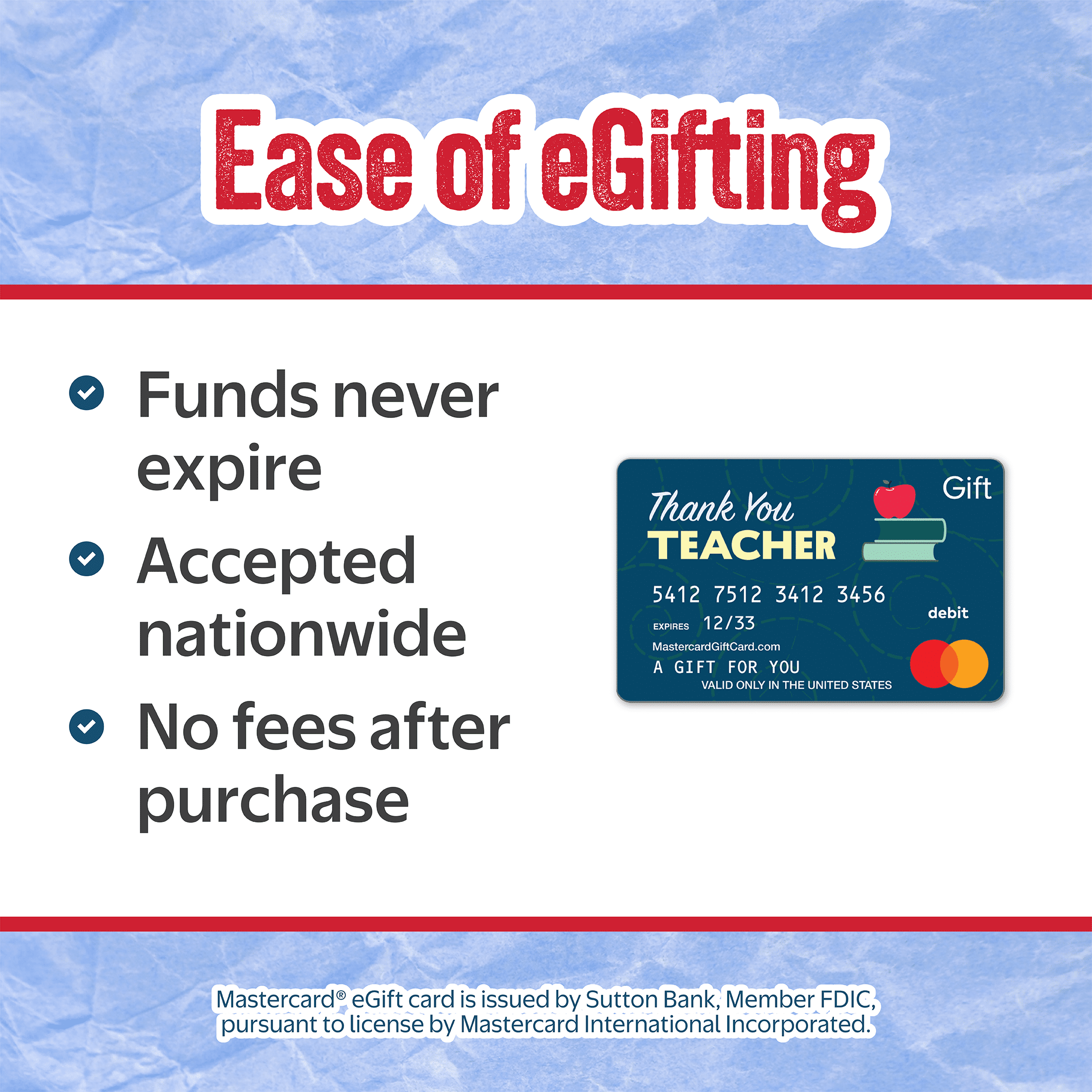 Mastercard® $20-$500 Thank You Teacher eGift Card (Plus $6.84 Purchase Fee) [Email Delivery]