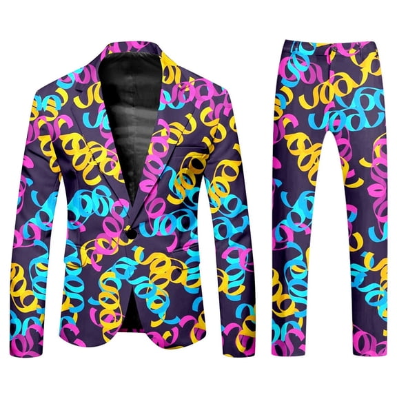 FYEGRE Men's Carnival Suit Two Piece Set Formal Attire With Purple Gold All Over Print Design Blue XL
