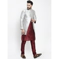 thumbnail image 3 of eloria Men's Indian Traditional Maroon & White Layered Silk Blend Kurta with Churidar Pyjama and jacket Set, 3 of 7