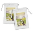 thumbnail image 1 of Winery Fabric Pouch Set of 2, Wine Cheese Bread with Mountain Landscape in French Rurals Pastoral Scenery, Drawstring Bag for Toiletries Masks and Favors, 9" x 6", Green Purple Cream, by Ambesonne, 1 of 2
