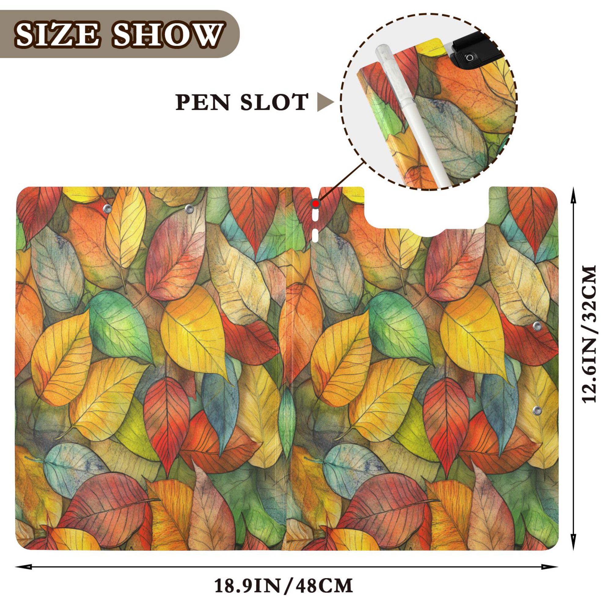 FORMRS A4 Clipboard Folder with Pen Holder Horizontal Foldable School Office Binder, Retro Autumn Leaves