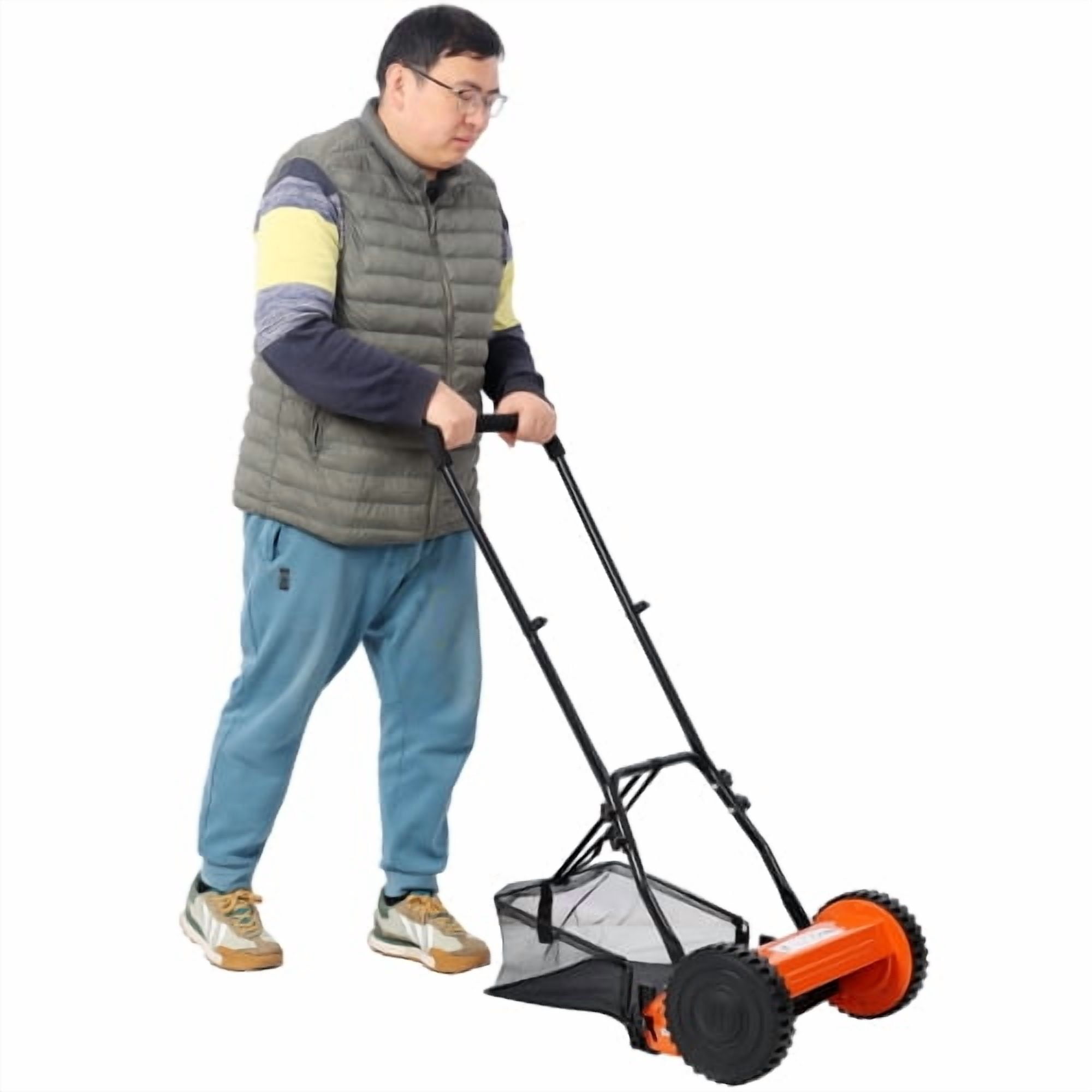 14-Inch 5-Blade Manual Push Reel Lawn Mower Cordless, with Removable Grass Catcher Bag & Adjustable Cutting Height, for Yard & Garden Grass Cutting