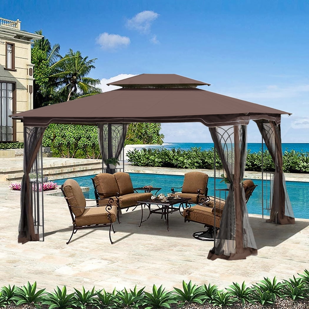 10x12 Replacement Gazebo Canopy Cover with Enhanced Drainage System, UV Protection, and Dual-Layer Insect Defense for Double Tiered Outdoor Gazebos, Pergolas, and Patio Canopies (Brown)
