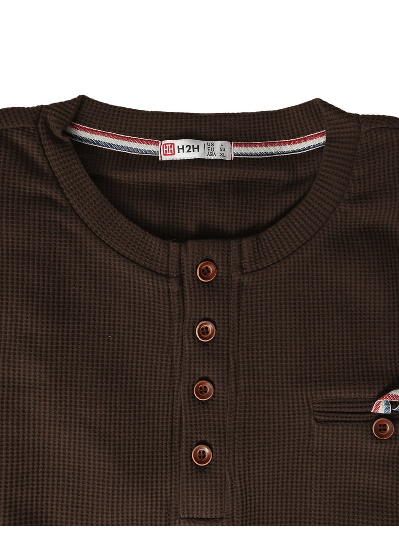 H2H Mens Casual Henley Long Sleeve Waffle Cotton T-Shirts BROWN US