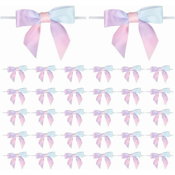 50Pcs Pastel Ribbon Bows Satin Ribbon Twist Tie Bows 7cm Mini Premade Tied Bowknot Packaging Gift Wrap Bows for Treat Bags Basket Present Christmas Wedding Party Decorations Crafts colorful DIY