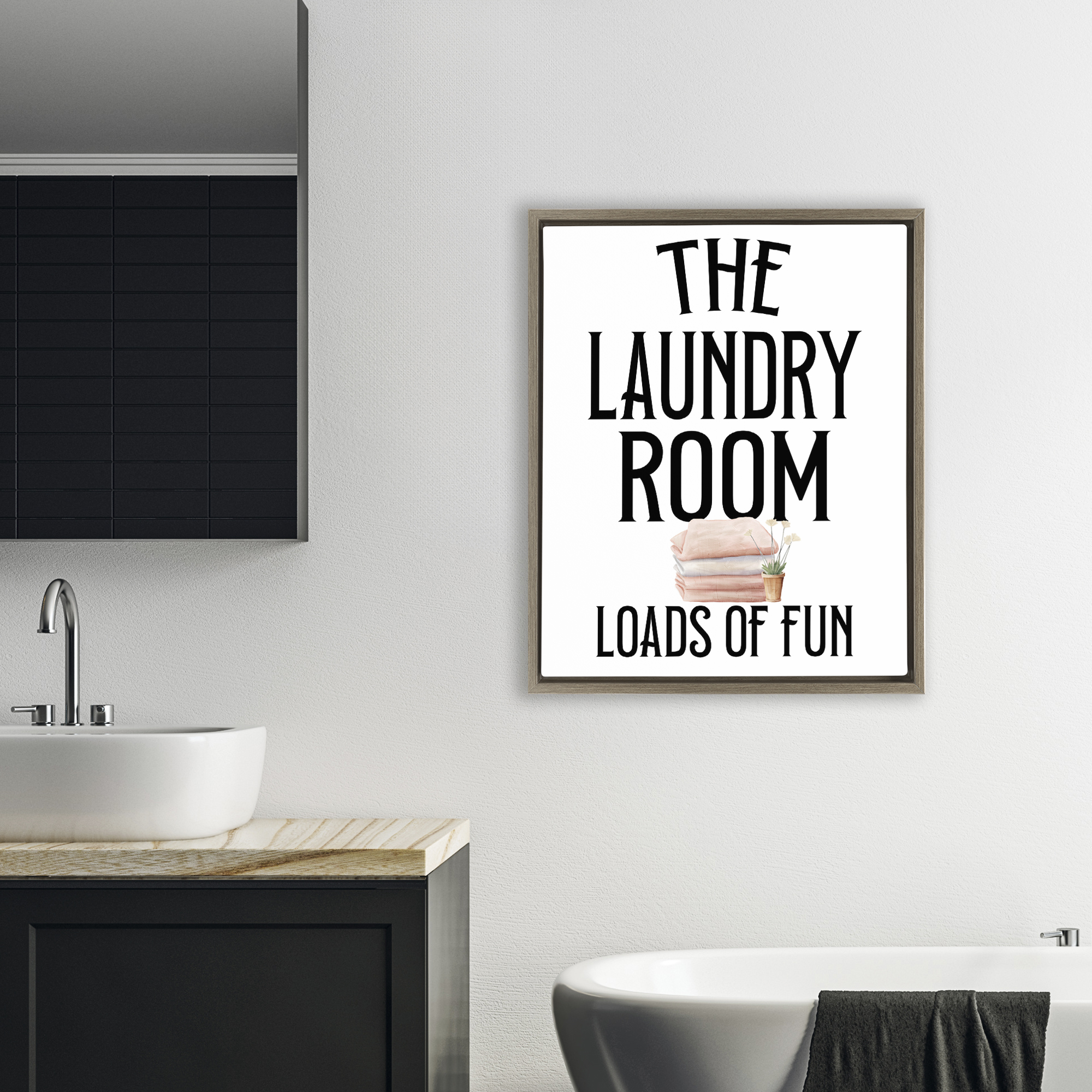 Laundry Room Fun Minimal Brown Framed Floater Canvas Wall Art, design by Kim Allen