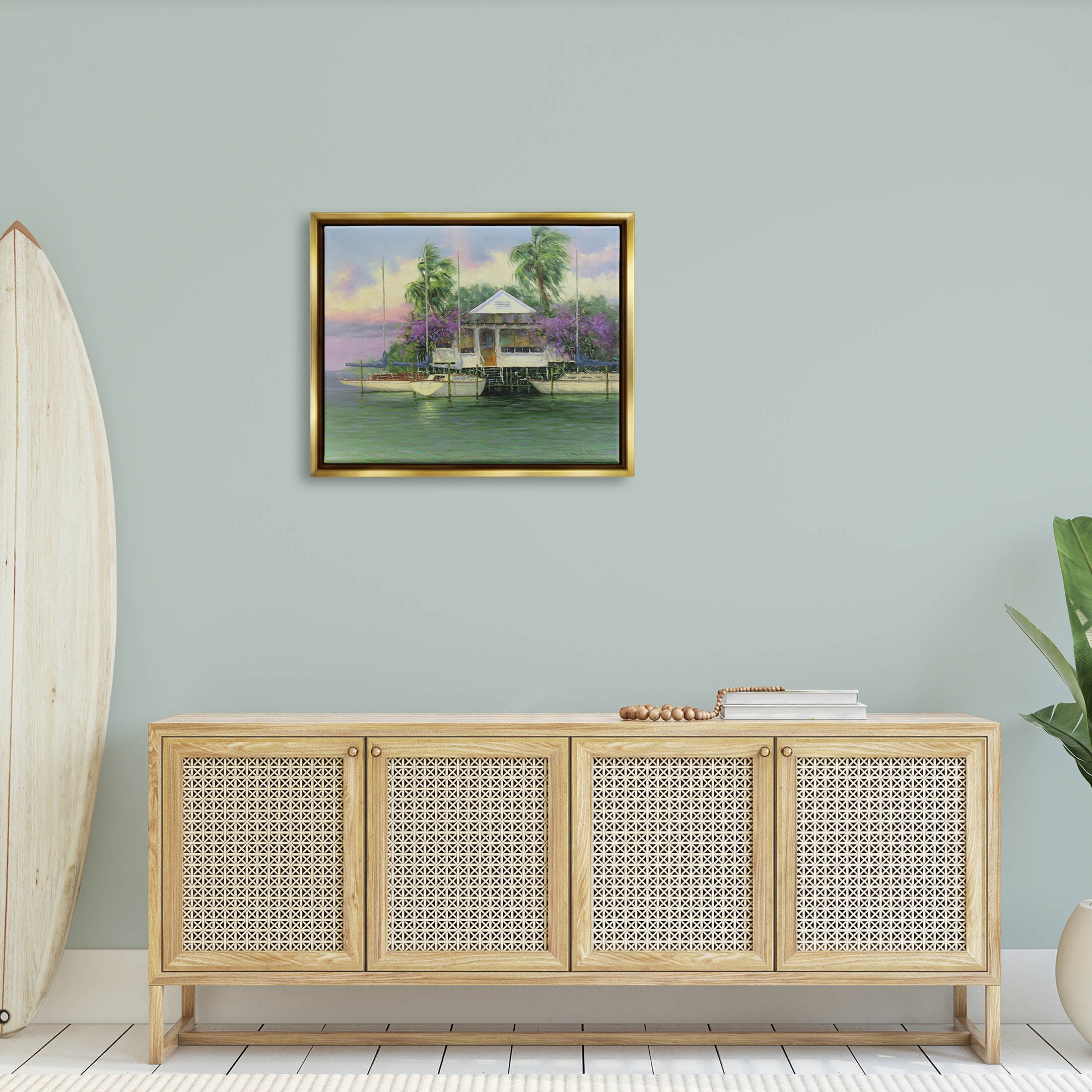 Coastal Boat Dock Tropical Palms Landscape Painting Metallic Gold Framed Art Print Wall Art