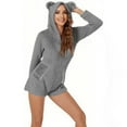 thumbnail image 6 of ZyeKqe Short Rompers for Women Warm Fuzzy Fleece Sherpa Hooded Jumpsuits Cute Bear Onesie Zipper Plush Sleepwear, 6 of 9
