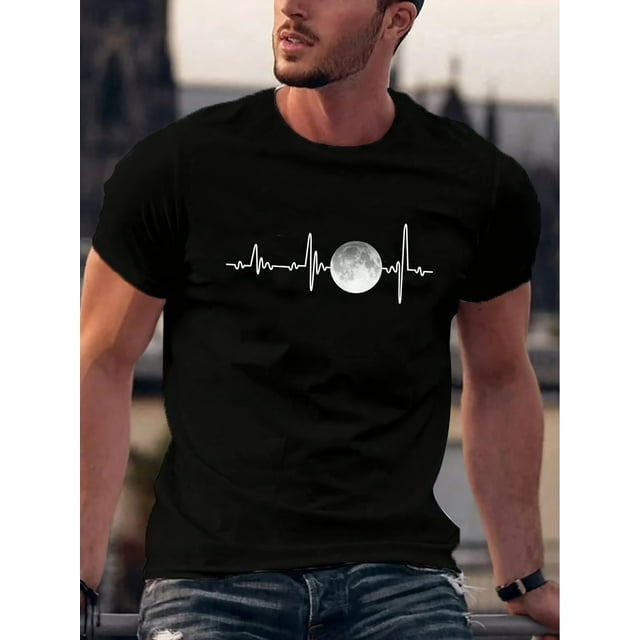 Camiseta deportiva de manga corta con cuello redondo y estampado de lunas para hombre, cómoda y versátil, estilo deportivo, para verano y primavera, corte cómodo, camisetas informales.