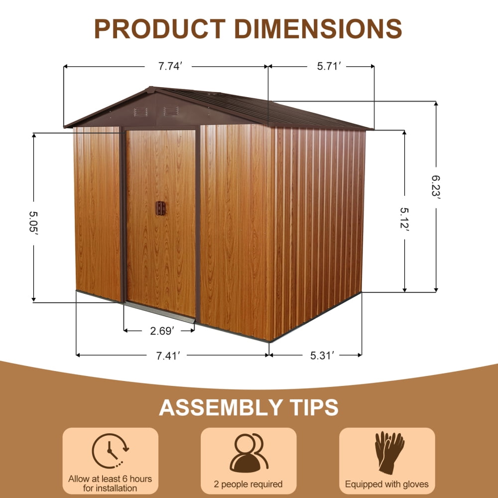 8ft x 6ft All-Steel Storage Shed - Coffee Outdoor Shed with Metal Floor - Rust-Resistant Heavy Duty Garden Tool Storage