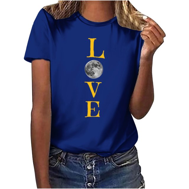 Penkiiy T-Shirt Musulman Ramadan pour Femmes T-Shirts Graphiques Mignons pour Femmes Col Rond Manches Courtes Imprimé Lune T-Shirt Décontracté 3TG Bleu