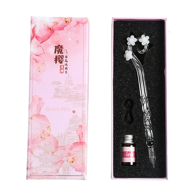 Trayknick 1 Set Writing Pen Flower Design Portable Glass Crystal Writing Dip Pen for Student Gift