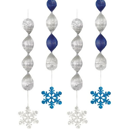 Hanging Snowflake Decorations - Foil Snowflake Holiday Hanging Decorations, 18 in, Blue and Silver, 4ct