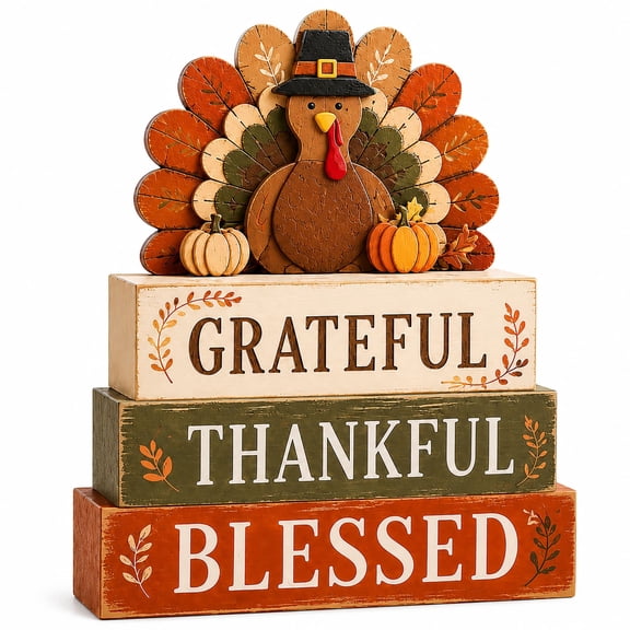 Wooden Fall Decor Thanksgiving Decorations Turkey Pumpkin Grateful Thankful Blessed Tiered Block Sign Rustic Harvest Table Centerpiece