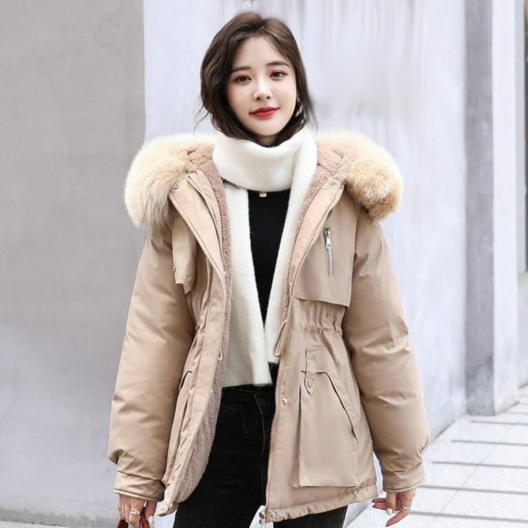 Plus Size Winter Coats for Women Womens Winter Jacket Warm Overcoat Slim  Fur-Collar Zipper Thicker Coat Outwear Plus Size Jacket Solid Color Hooded  