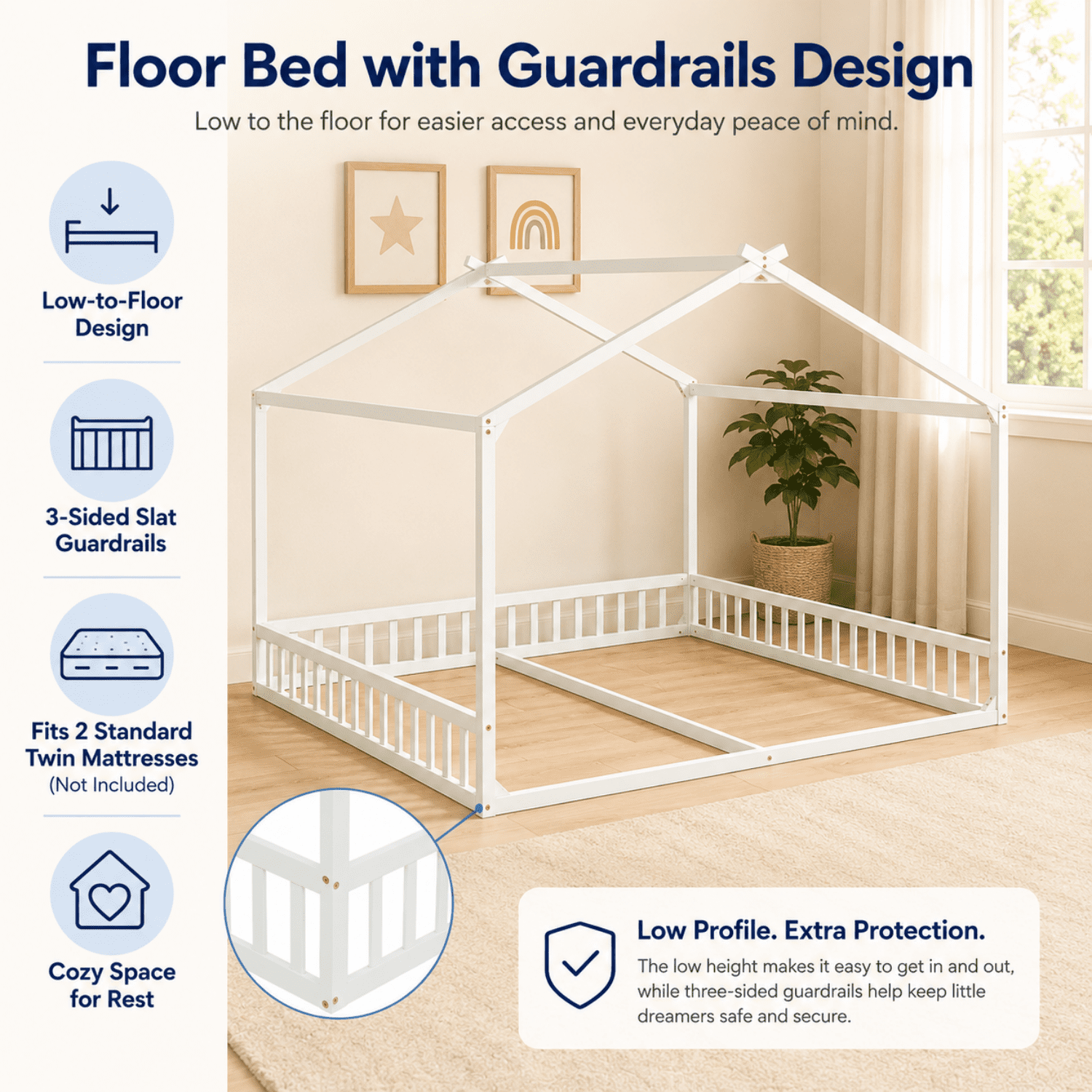 Miniyam Double Twin Floor Bed for Kids, House Bed with Guardrails and Open Entrance, White