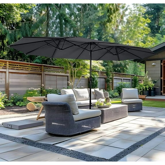 Weguard 15ft Double-Sided Patio Umbrella Twin Extra Large Umbrella with Crank Handle & Umbrella Base for Outdoor Patio Garden Market Pool Backyard, Dark Grey