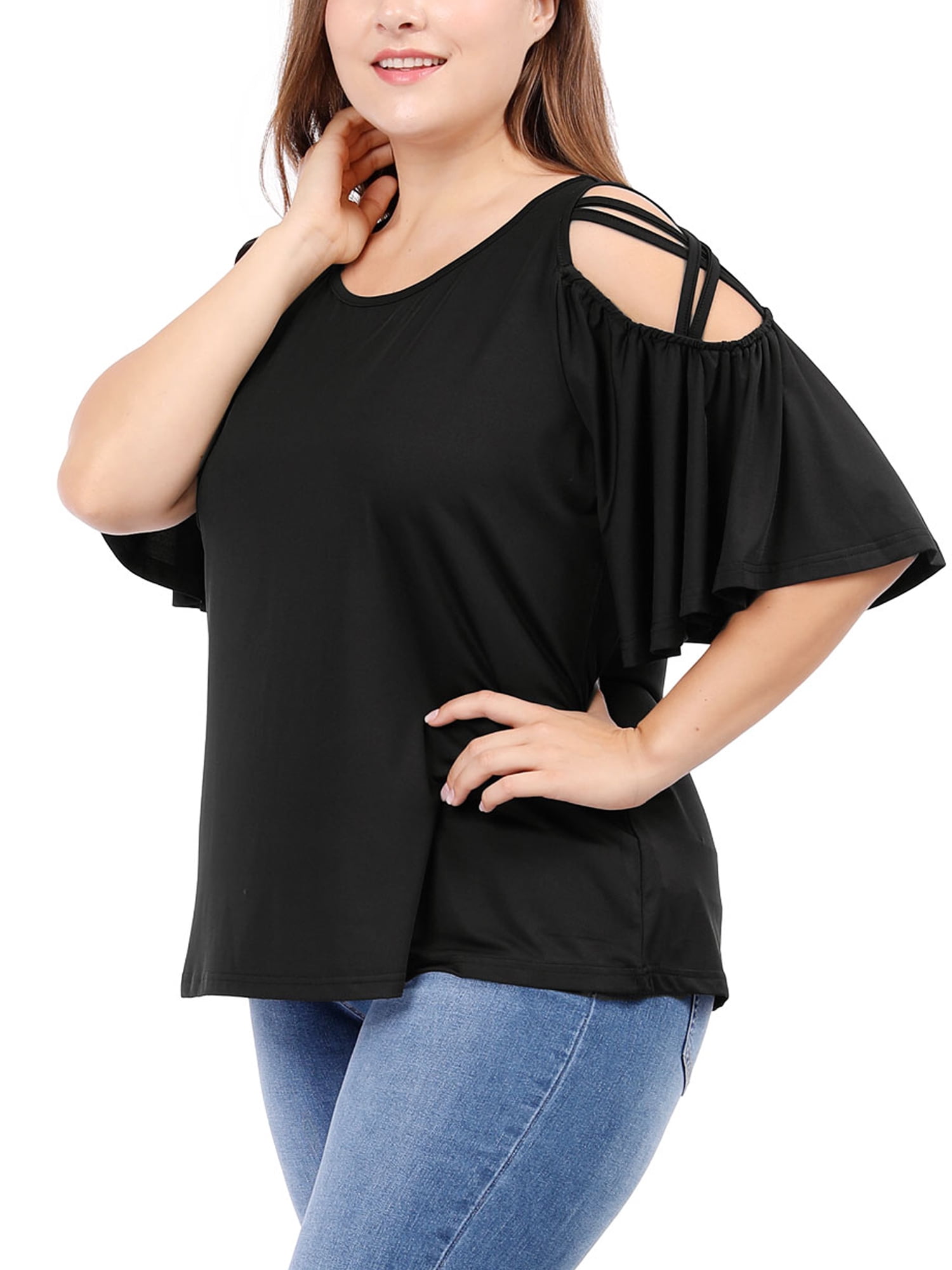 Unique Bargains Juniors' Plus Size Strappy Shoulder Trumpet Sleeves Top 3X Black