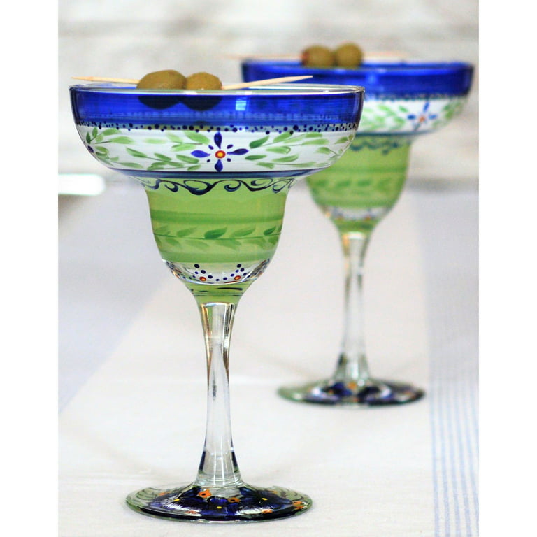 Crafted Creations Set of 2 Green Floral Hand Painted Margarita Stemware  Glasses 12 oz. 