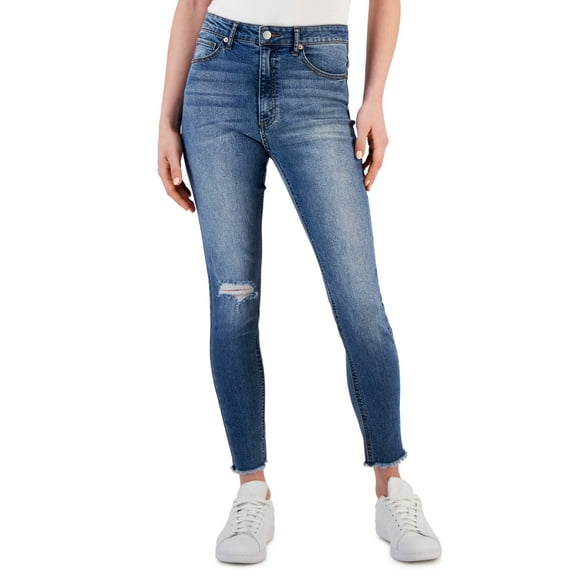 Tinseltown Women's Cut-Hem Mid-Rise Skinny Medium Wash