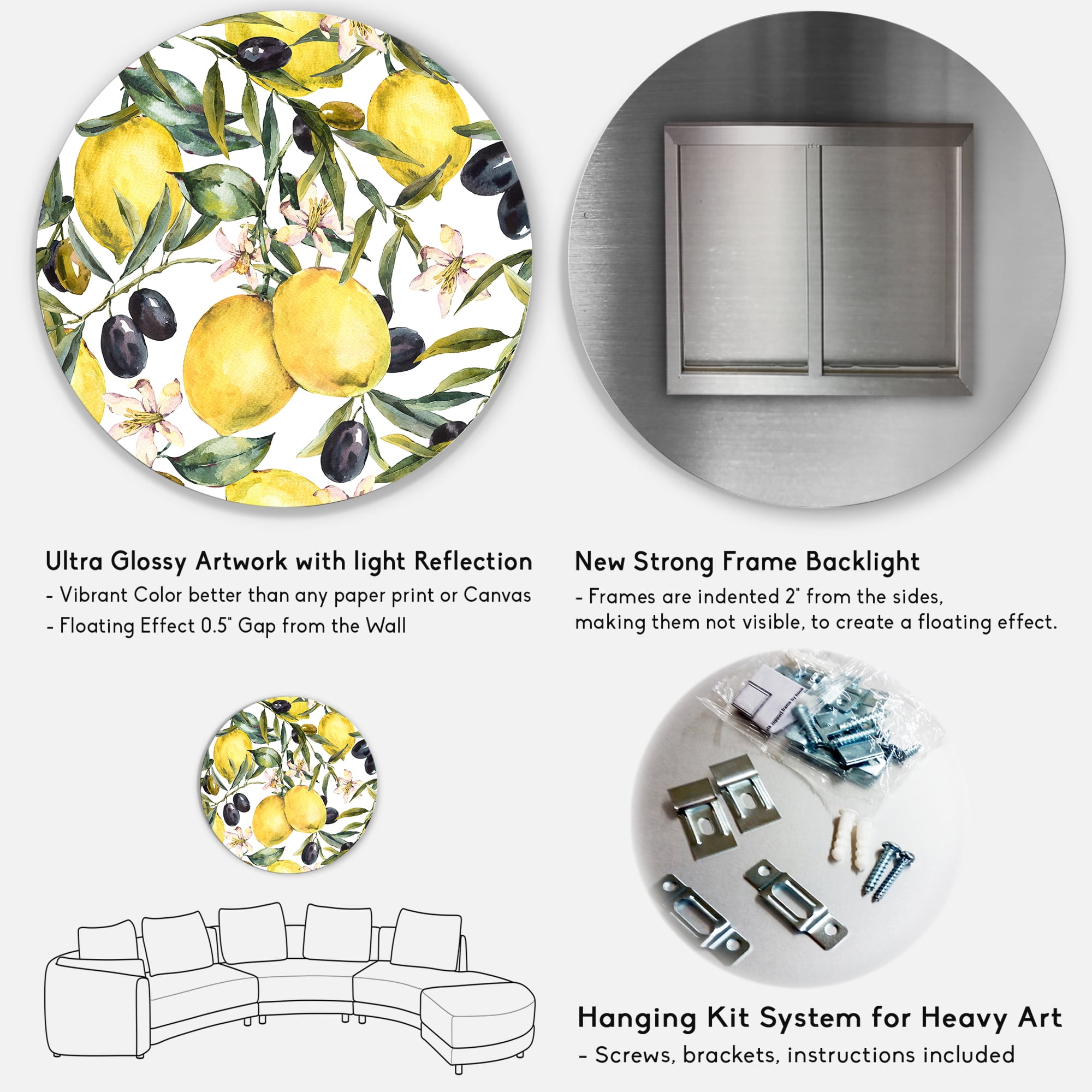 Designart 'Olive and Lemon Branches I' Tropical Circle Metal Wall Art 11x11 - Disc of 11
