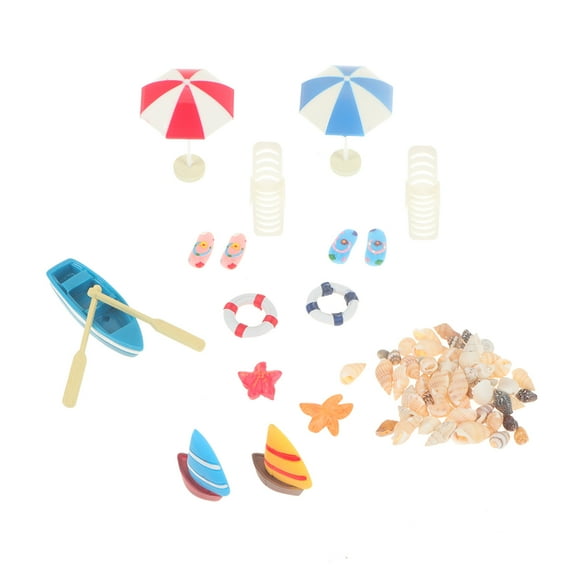 BRIGHTFUFU 1 juego de 13 Uds., Adornos de playa en miniatura, zapatillas de sombrilla de playa Longue de barco de resina para mini caja de arena de casa