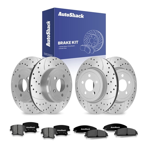AutoShack Front & Rear Brake Rotors & Ceramic Pads for Dodge, Charger 2006-2016, 2018-2020, 2023, AWD RWD V6 3.5L 3.6L V8 5.7L - Coated Drilled & Slotted - Silver Matte Finish - TurboGuard
