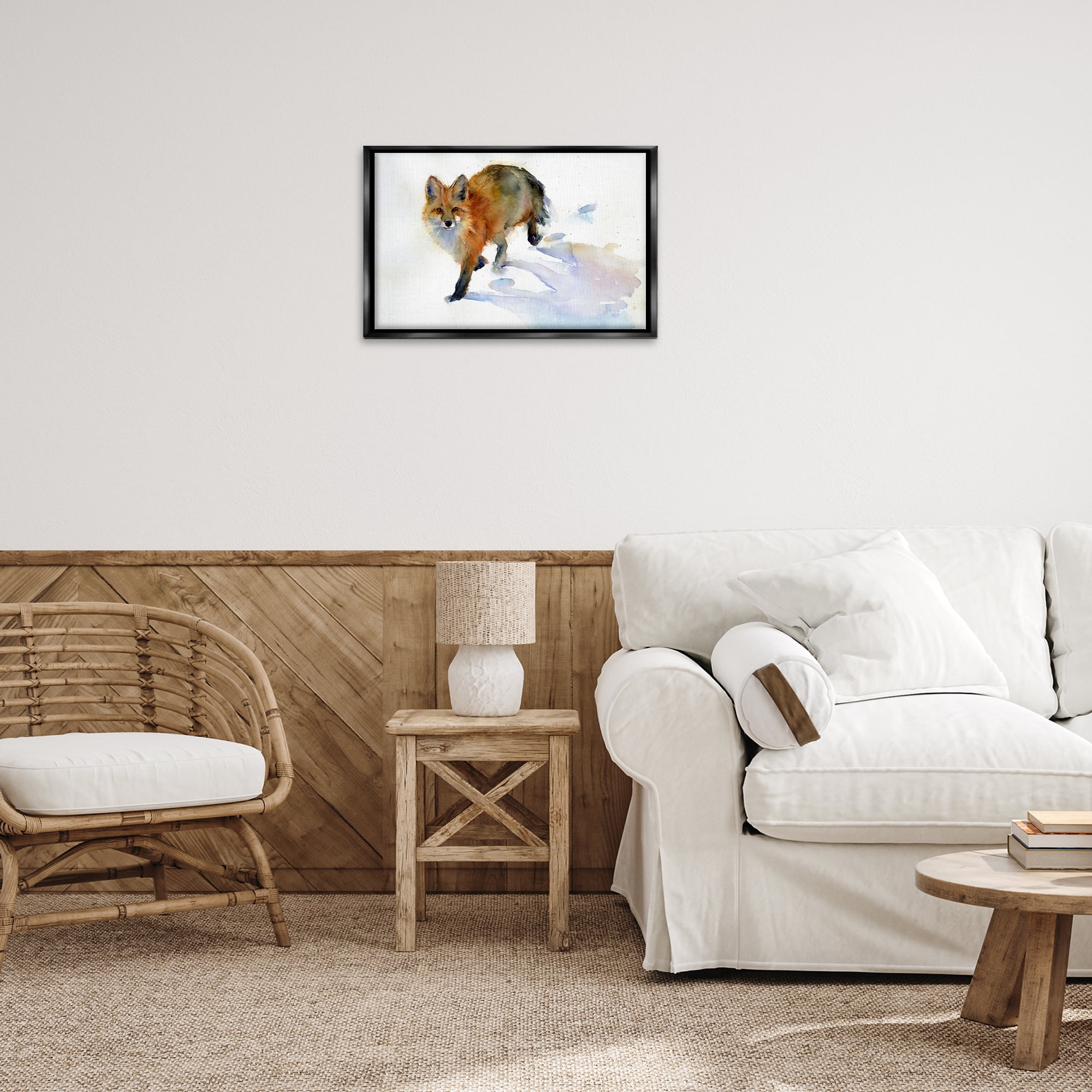 Stupell Industries Stepping Fox in Snow Animals & Insects Painting Black Floater Framed Canvas Art Print Wall Art, 25 x 17