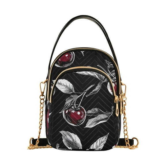 joogoo Women Cherry on Black Chain Crossbody Bags Shoulder Handbag Phone Purse