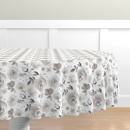 

Cotton Sateen Tablecloth 90 Round - Peony Garden Blue Gray Watercolor Floral Neutral Flowers Painted Sugar Fresh Style Large Shabby Chic Print Custom Table Linens by Spoonflower