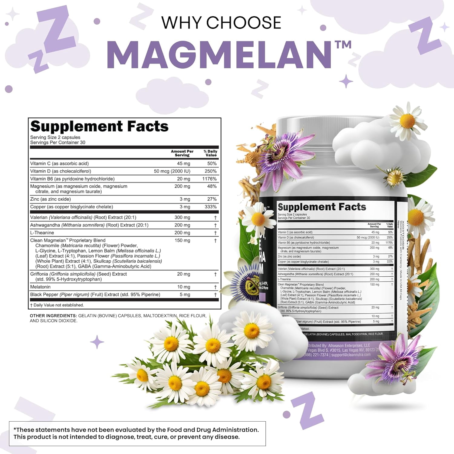 Clean Nutraceuticals Melatonin 10mg Valerian Root L Theanine 200mg Ashwagandha - Sleep Support for Women & Men with Magnesium Complex, Lemon Balm, Chamomile, & Passion Flower - 60 Caps